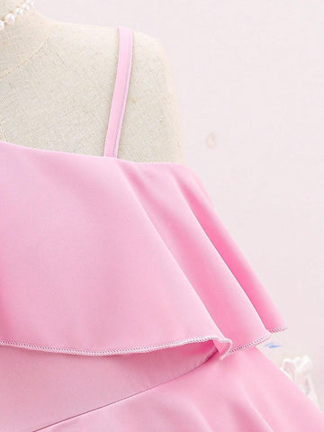 Young Girl Summer Asymmetrical Neck Ruffled Princess Dress, Sweet And Elegant Little Girl's Dress, Formal Dress