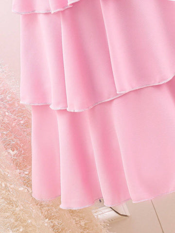 Young Girl Summer Asymmetrical Neck Ruffled Princess Dress, Sweet And Elegant Little Girl's Dress, Formal Dress