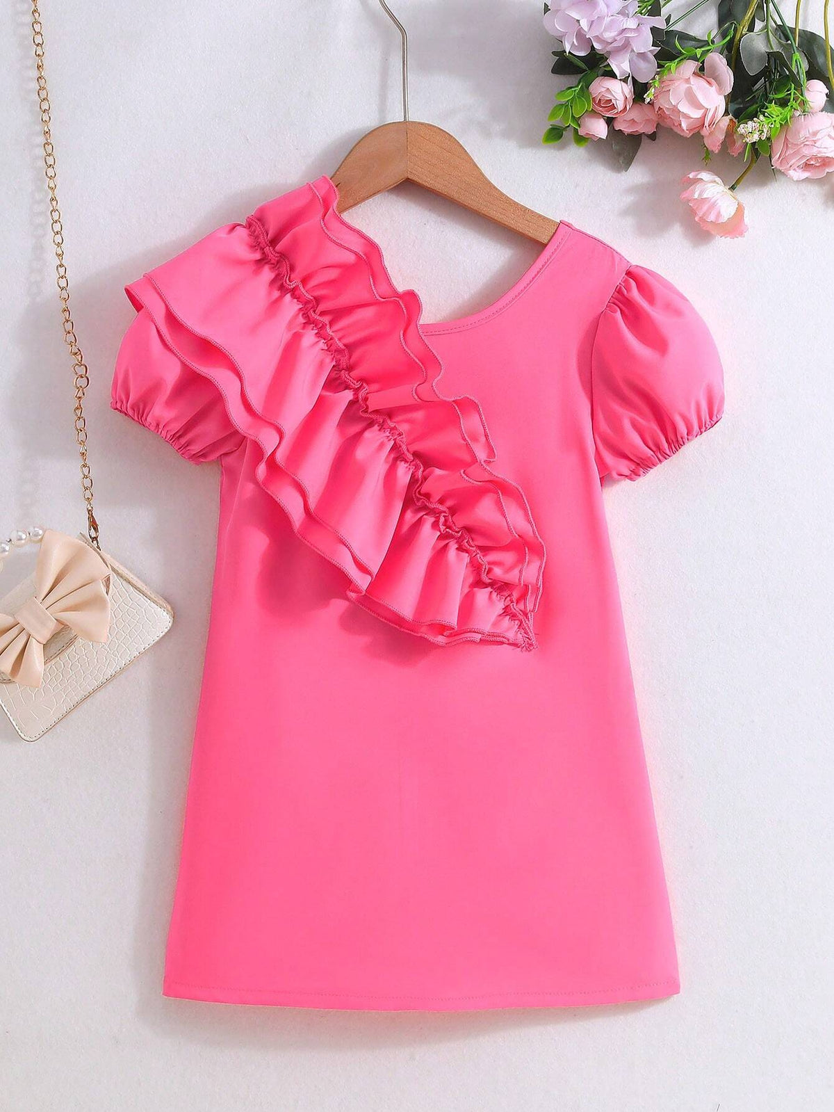 Young Girl Summer Asymmetrical Solid Design Dress