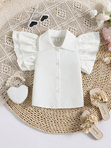 Young Girl Summer Beach Texture Shirt With Decorative Ruffle Edge And Button Closure