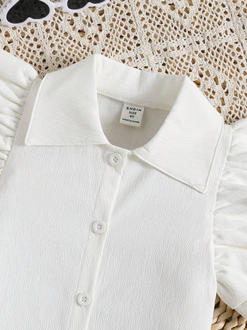Young Girl Summer Beach Texture Shirt With Decorative Ruffle Edge And Button Closure