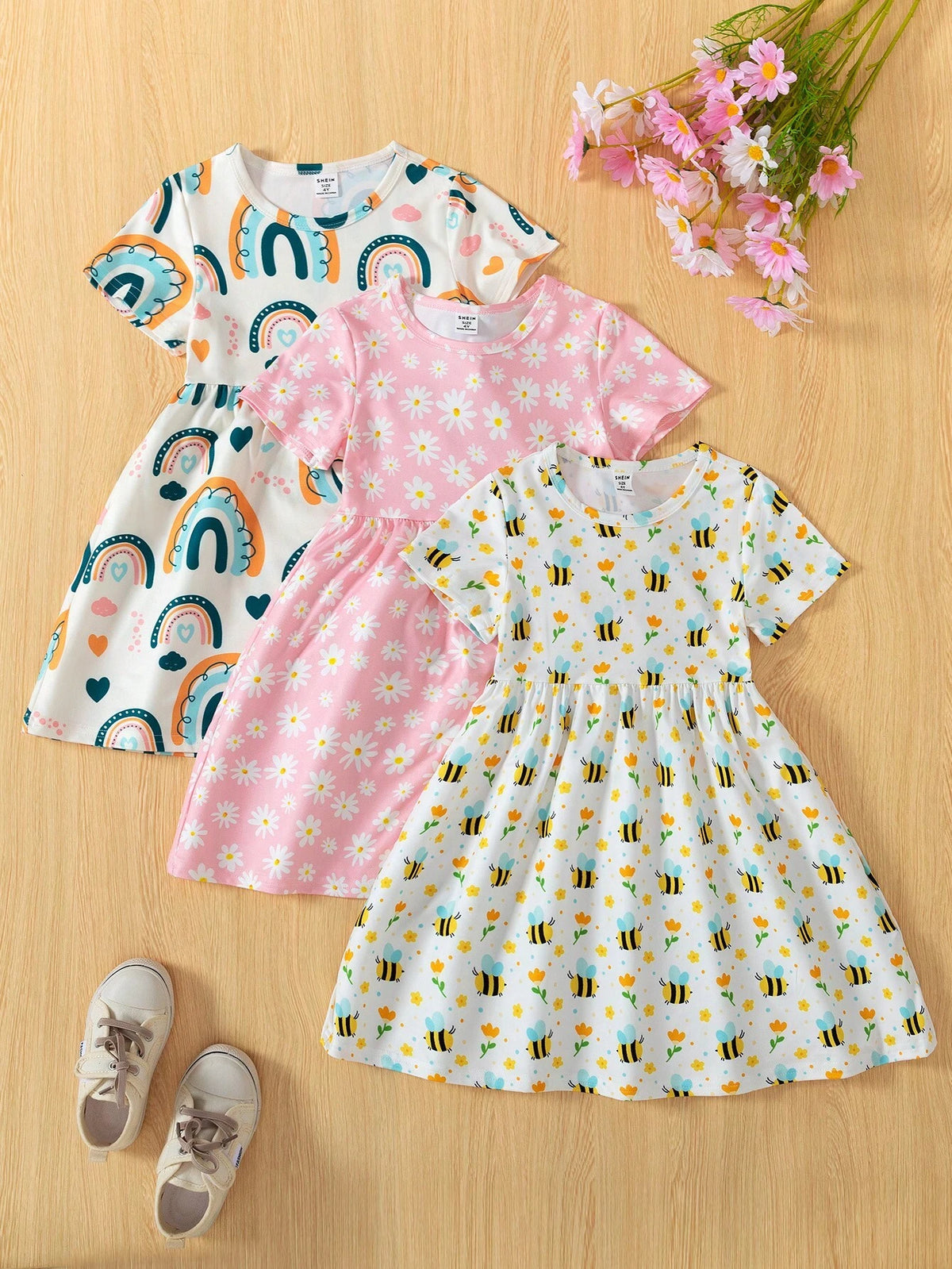 Young Girl Summer Bee Print Round Neck Short Sleeve Casual Dress