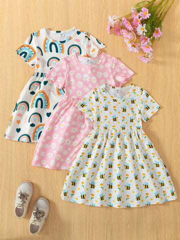 Young Girl Summer Bee Print Round Neck Short Sleeve Casual Dress