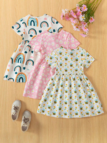 Young Girl Summer Bee Print Round Neck Short Sleeve Casual Dress