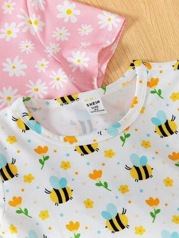 Young Girl Summer Bee Print Round Neck Short Sleeve Casual Dress