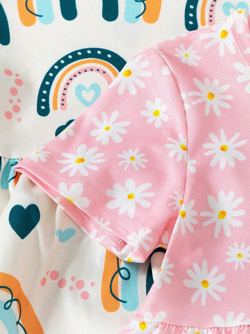 Young Girl Summer Bee Print Round Neck Short Sleeve Casual Dress