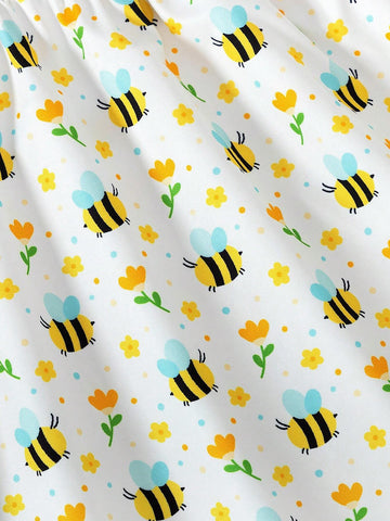 Young Girl Summer Bee Print Round Neck Short Sleeve Casual Dress
