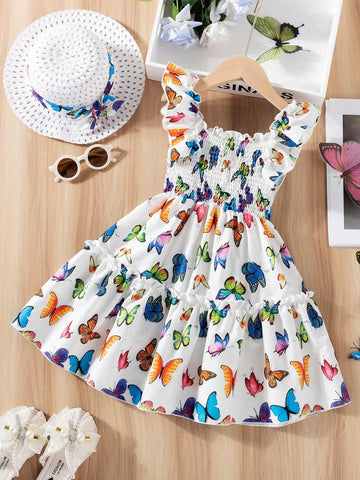 Young Girl Summer Butterfly Allover Print Puffy Princess Dress, New Arrival