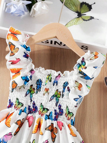 Young Girl Summer Butterfly Allover Print Puffy Princess Dress, New Arrival