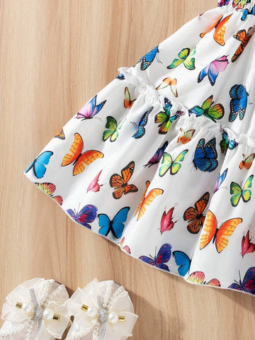 Young Girl Summer Butterfly Allover Print Puffy Princess Dress, New Arrival