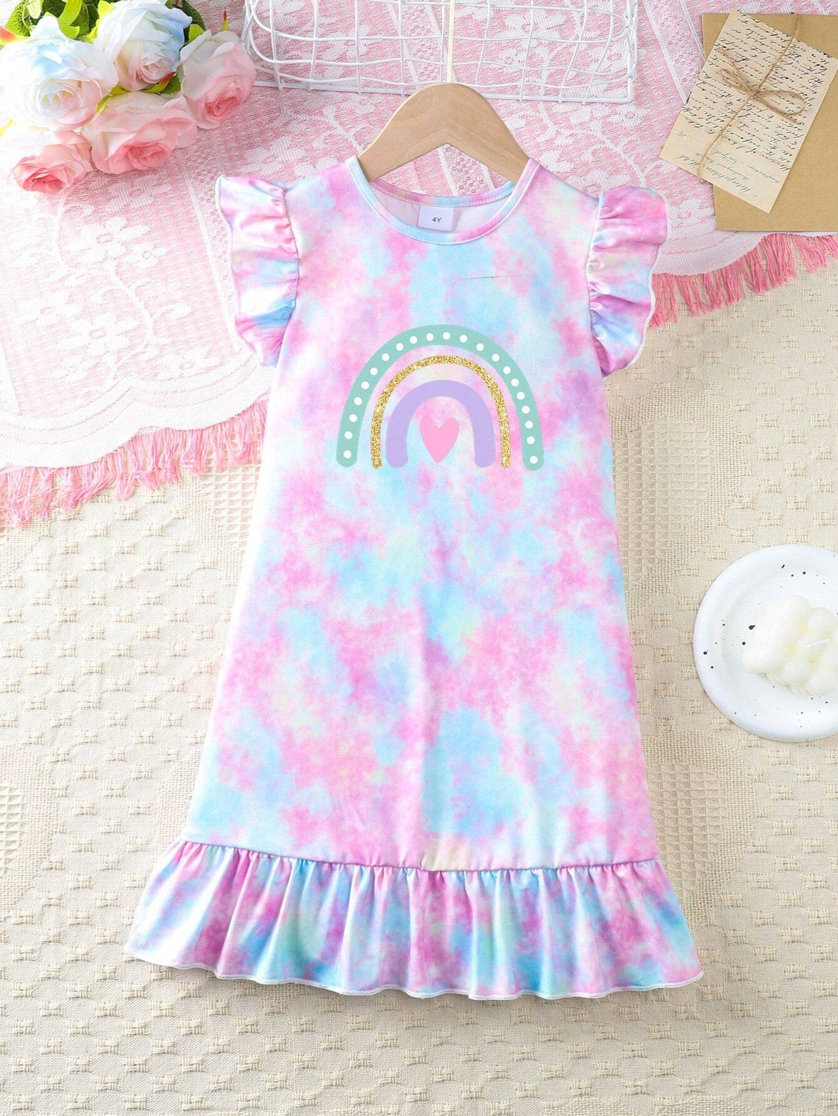 Young Girl Summer Butterfly And Flower Print Tie Dye Ruffle Hem Sleep Dress