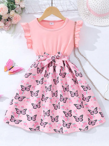 Young Girl Summer Butterfly Printed Casual Dress With Flounce Sleeves