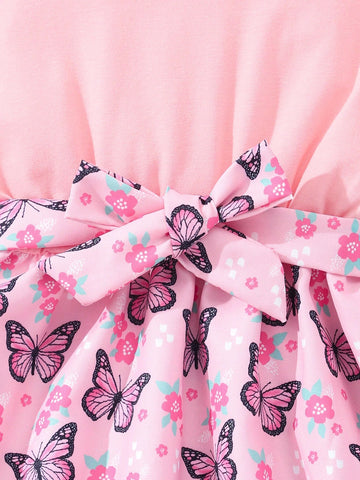 Young Girl Summer Butterfly Printed Casual Dress With Flounce Sleeves