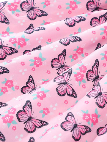 Young Girl Summer Butterfly Printed Casual Dress With Flounce Sleeves
