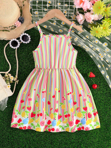 Young Girl Summer Buttoned Colorful Stripe Fruit Printed Sleeveless Dress, Casual & Vacation Style