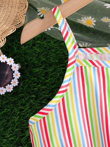 Young Girl Summer Buttoned Colorful Stripe Fruit Printed Sleeveless Dress, Casual & Vacation Style