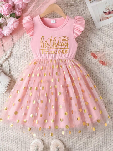 Young Girl Summer Cap Sleeve Letter Print Polka Dot & Mesh Splice Mini Dress