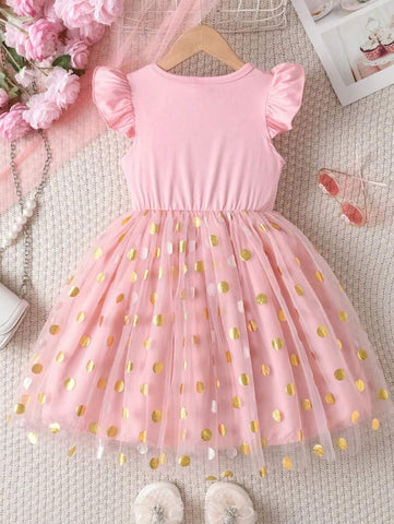 Young Girl Summer Cap Sleeve Letter Print Polka Dot & Mesh Splice Mini Dress