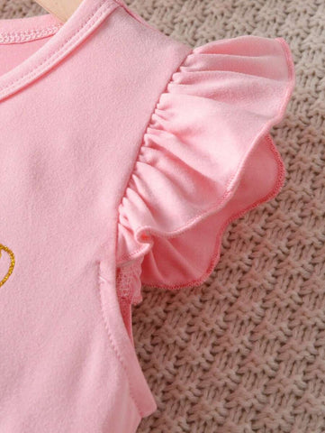 Young Girl Summer Cap Sleeve Letter Print Polka Dot & Mesh Splice Mini Dress