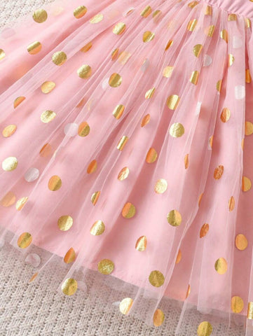 Young Girl Summer Cap Sleeve Letter Print Polka Dot & Mesh Splice Mini Dress