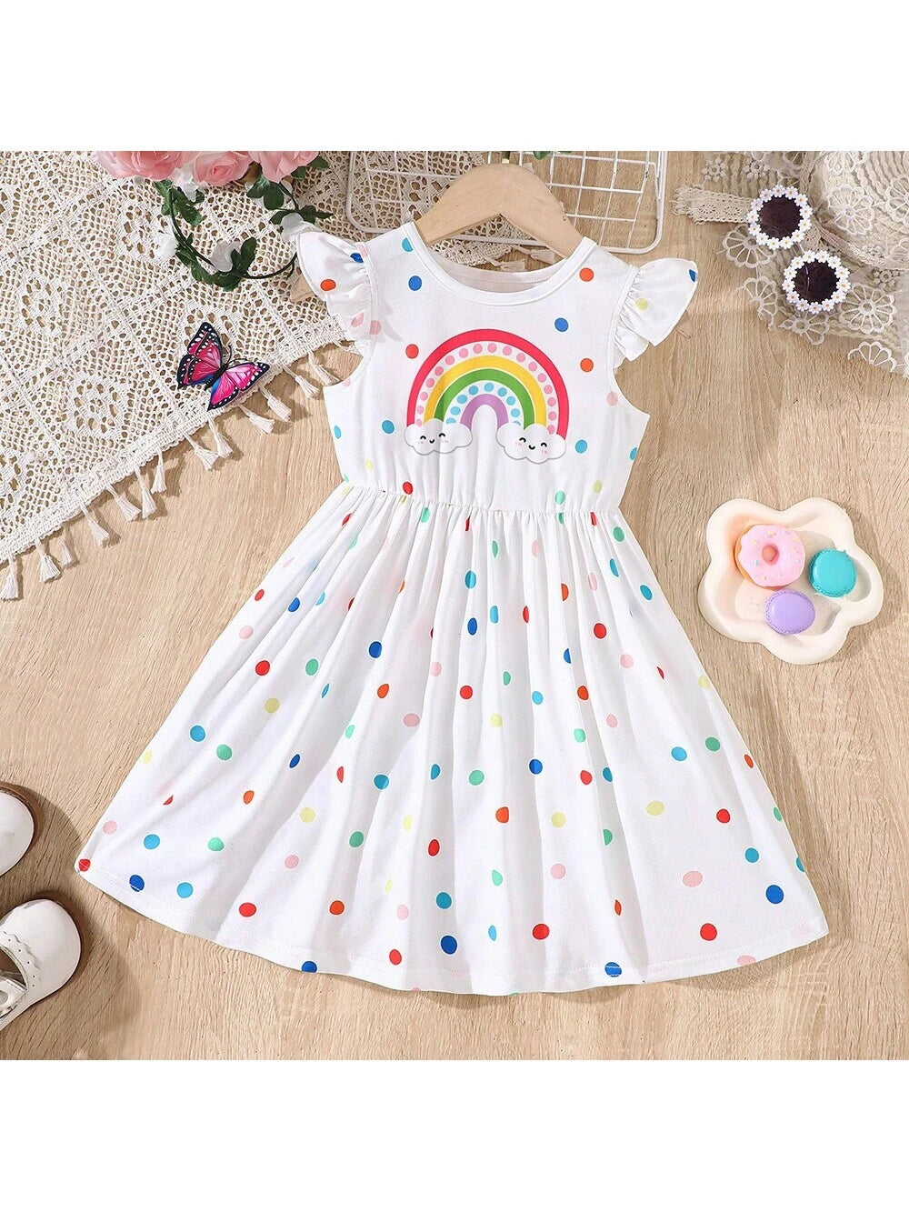 Young Girl Summer Cap Sleeve Rainbow Polka Dot Printed Casual Dress
