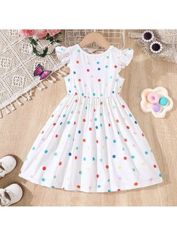 Young Girl Summer Cap Sleeve Rainbow Polka Dot Printed Casual Dress