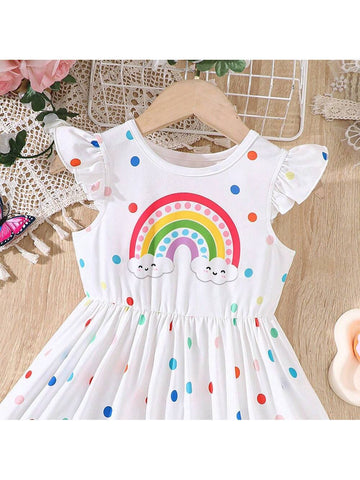 Young Girl Summer Cap Sleeve Rainbow Polka Dot Printed Casual Dress