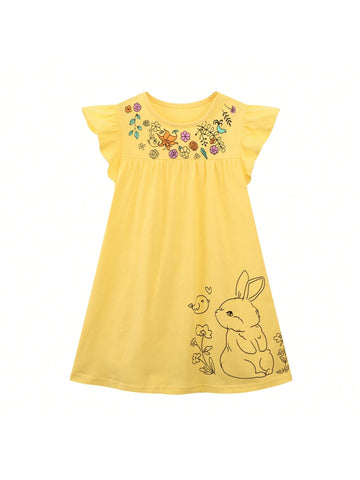 Young Girl Summer Cartoon Rabbit & Flower Pattern Casual And Comfortable Short Sleeve Dress