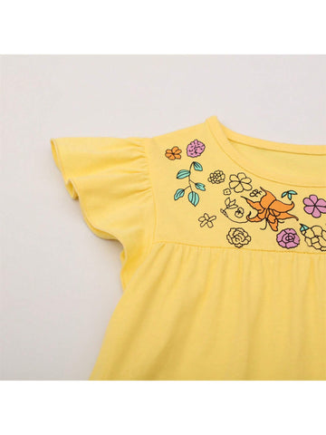 Young Girl Summer Cartoon Rabbit & Flower Pattern Casual And Comfortable Short Sleeve Dress