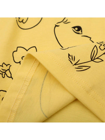 Young Girl Summer Cartoon Rabbit & Flower Pattern Casual And Comfortable Short Sleeve Dress