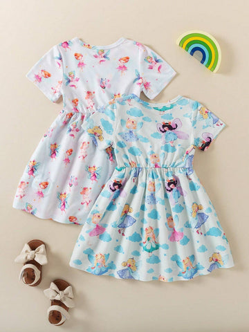 Young Girl Summer Casual All-Over Print Fairy Pattern Dress