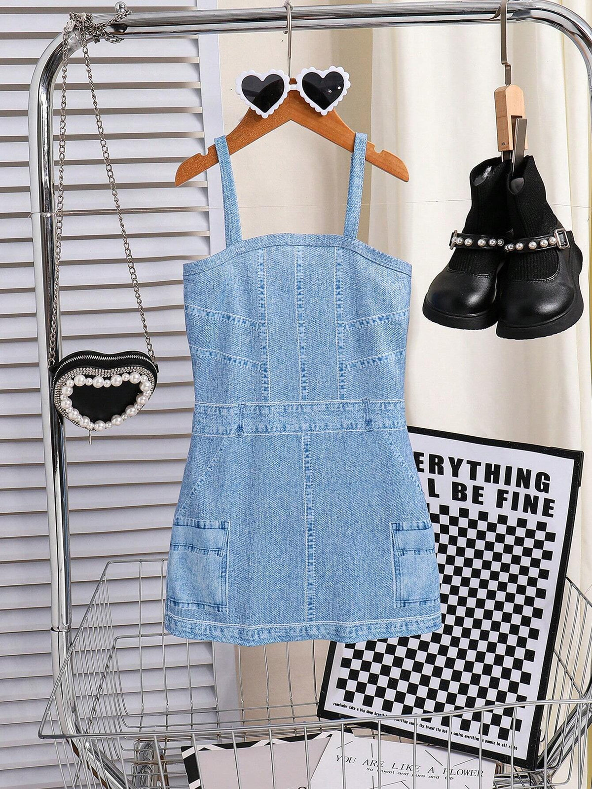 Young Girl Summer Casual Denim Effect Printed Sleeveless Dress