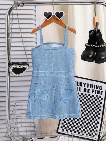 Young Girl Summer Casual Denim Effect Printed Sleeveless Dress