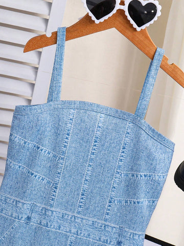 Young Girl Summer Casual Denim Effect Printed Sleeveless Dress