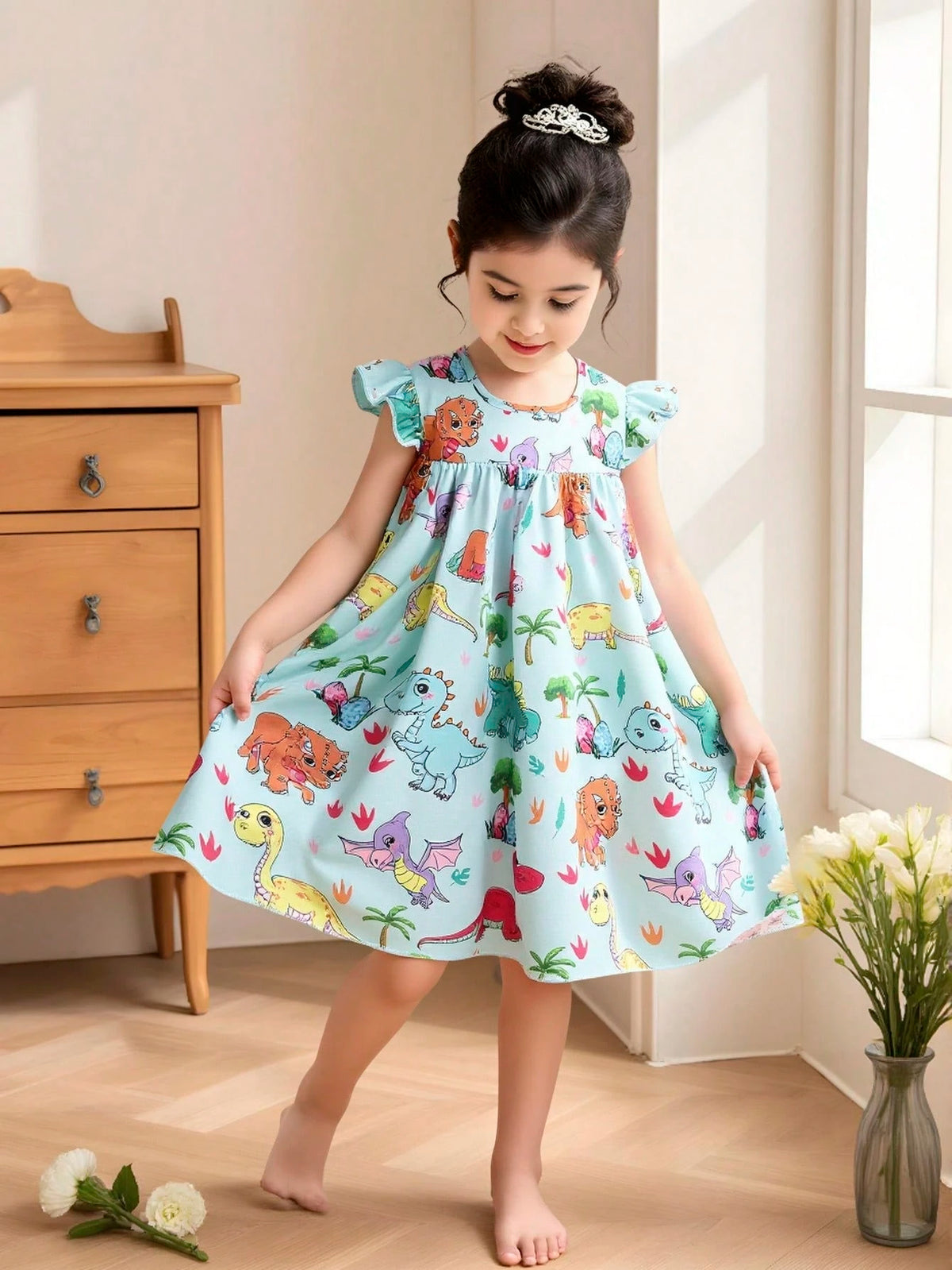 Young Girl Summer Casual Dinosaur Print Cap Sleeve Dress