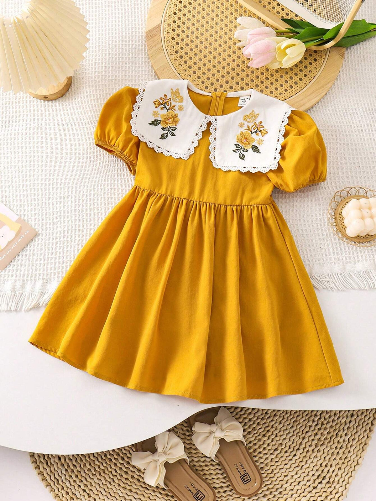 Young Girl Summer Casual Dresses Woven Colorful Flower Embroidery Puff Sleeve Bubble Hem Bodycon Dress