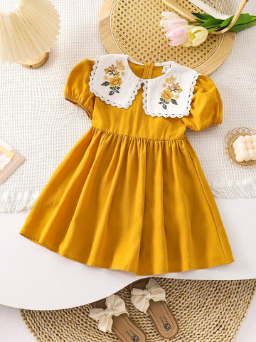 Young Girl Summer Casual Dresses Woven Colorful Flower Embroidery Puff Sleeve Bubble Hem Bodycon Dress