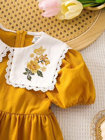 Young Girl Summer Casual Dresses Woven Colorful Flower Embroidery Puff Sleeve Bubble Hem Bodycon Dress