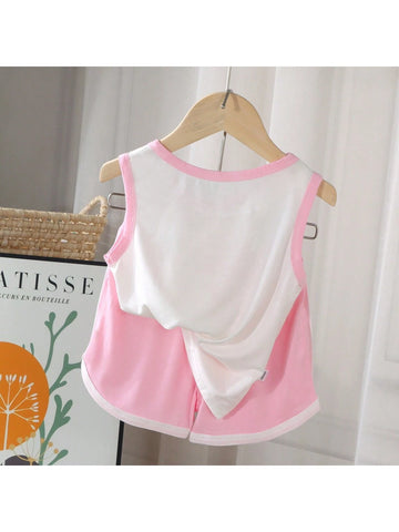 Young Girl Summer Casual Fashionable Thin Cartoon Printed Contrast Trim Tank Top And Shorts Set