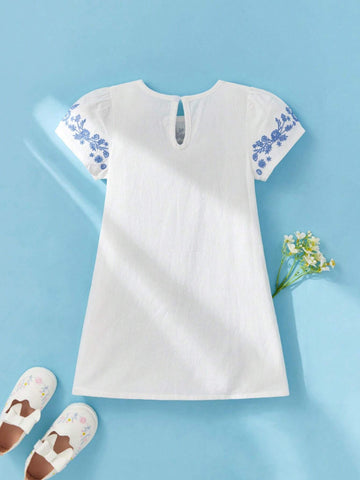 Young Girl Summer Casual Flower Embroidery Bubble Sleeves Dress