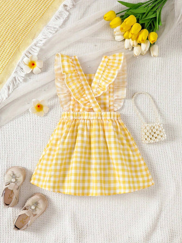 Young Girl Summer Casual Gingham Square Neck Cap Sleeve Dress