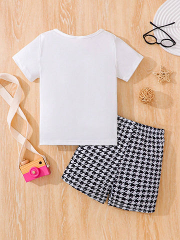 Young Girl Summer Casual Letter Graphic Tee & Houndstooth Print Shorts