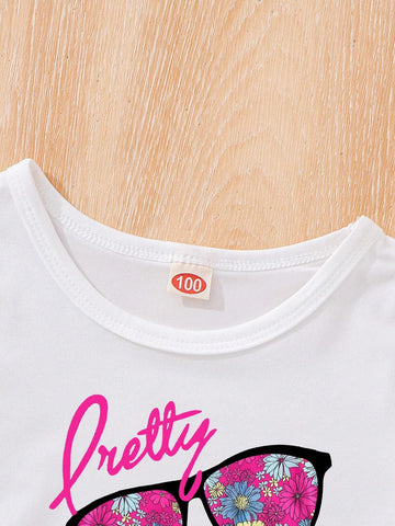 Young Girl Summer Casual Letter Graphic Tee & Houndstooth Print Shorts