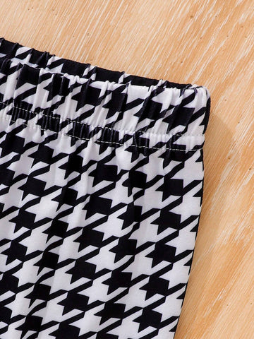 Young Girl Summer Casual Letter Graphic Tee & Houndstooth Print Shorts