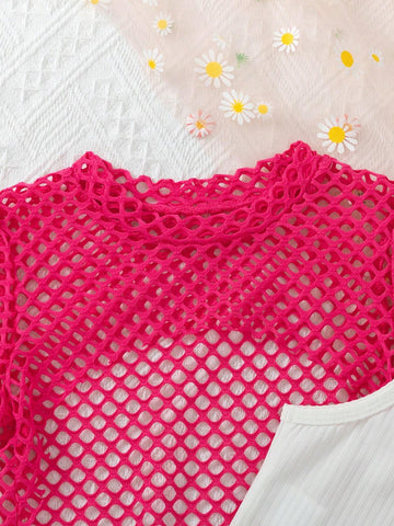 Young Girl Summer Casual Outfit, Mesh Lace Top + Strappy Tank Top + Cargo Shorts Belted Three-Piece Set