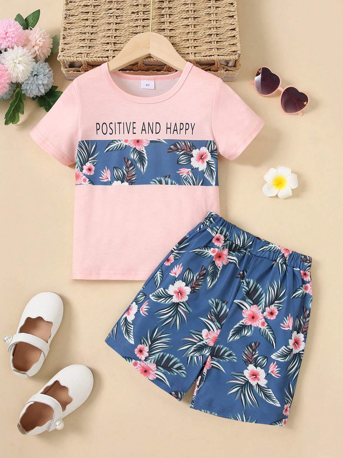 Young Girl Summer Casual Plant And Letter Printed Patchwork Short Sleeve T-Shirt And Shorts Set