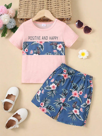 Young Girl Summer Casual Plant And Letter Printed Patchwork Short Sleeve T-Shirt And Shorts Set