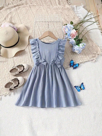 Young Girl Summer Casual Solid Color Ruffle Trimmed Sleeveless Dress With Bowknot Decoration