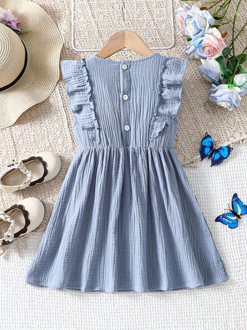 Young Girl Summer Casual Solid Color Ruffle Trimmed Sleeveless Dress With Bowknot Decoration