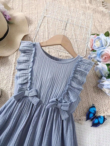 Young Girl Summer Casual Solid Color Ruffle Trimmed Sleeveless Dress With Bowknot Decoration